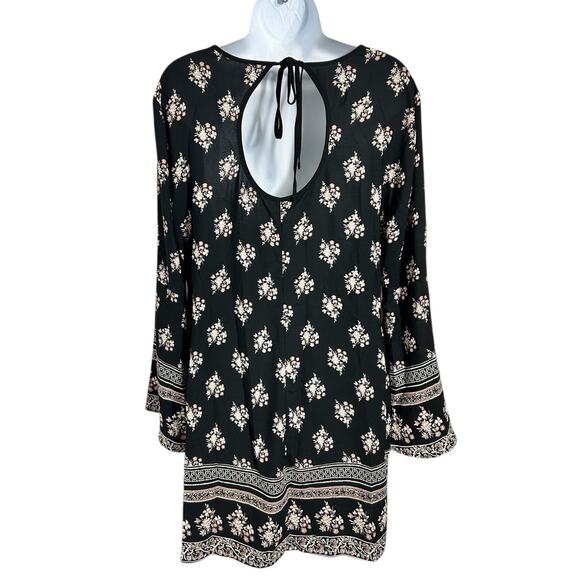 Boho Mini Dress Sz M Floral Long Bell Sleeves Open Back Loose A-Line Hippie - Picture 6 of 7